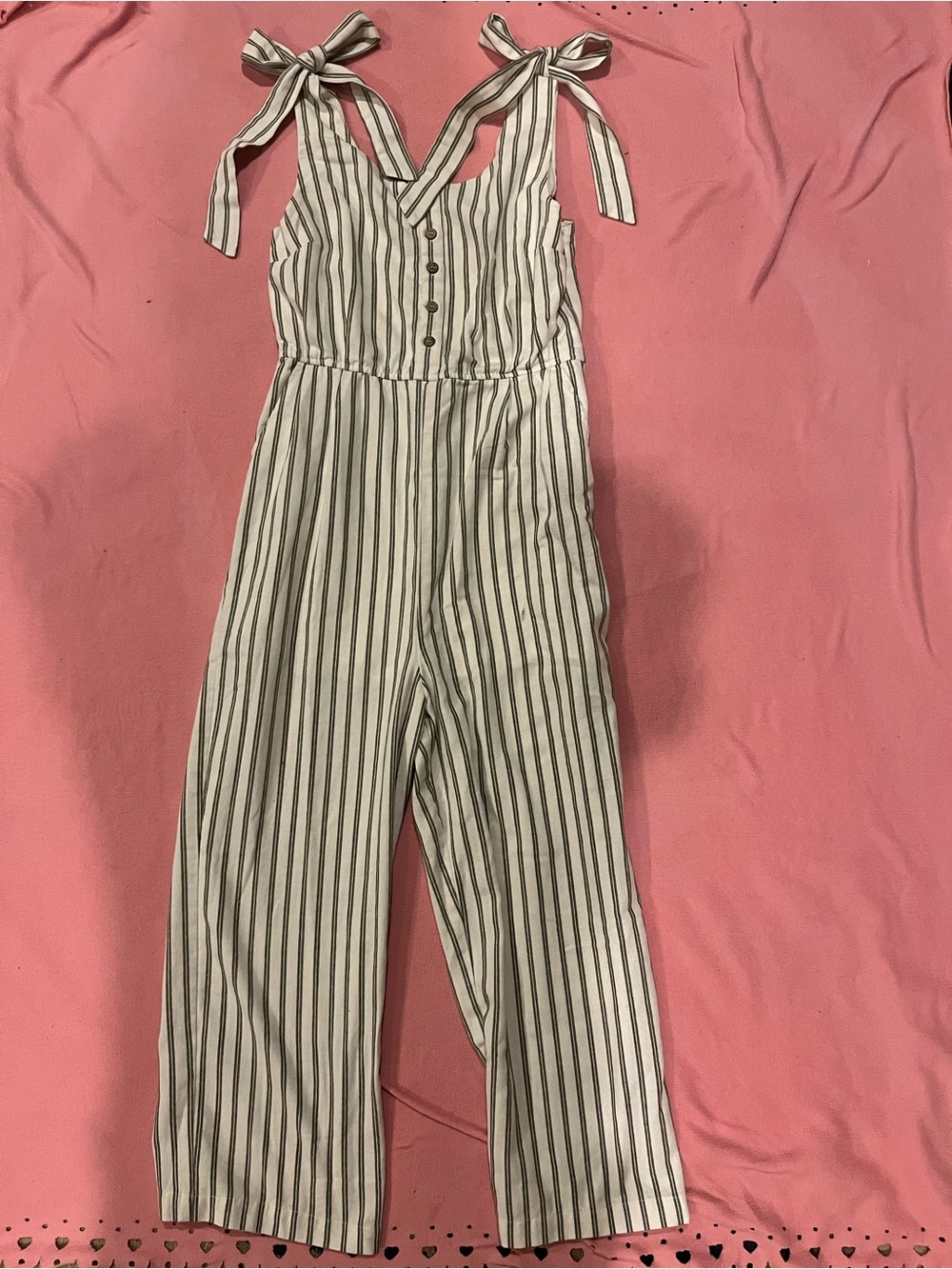 Mod Ref White and Sage Striped Tie-Shoulder Jumpsuit